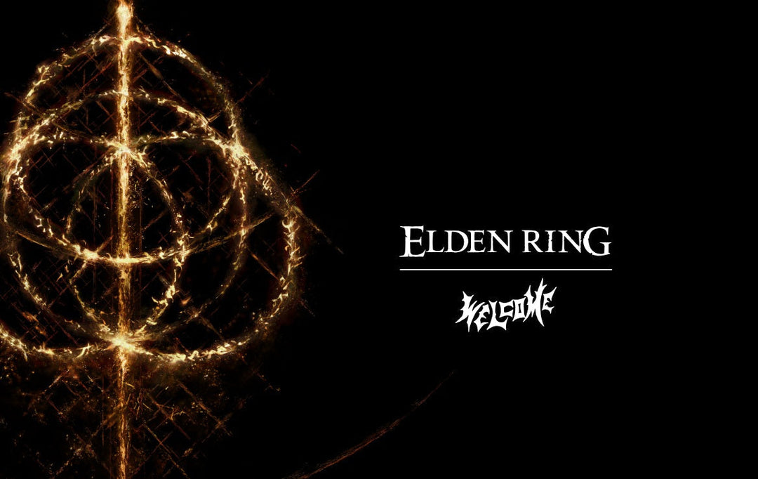 Welcome Skateboards x Elden Ring logo collab graphic with glowing golden rune symbol on black background.