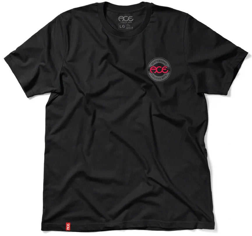 Ace Trucks OG Tee in Black with front red circle logo and large grey Ace logo on back, 100% cotton.