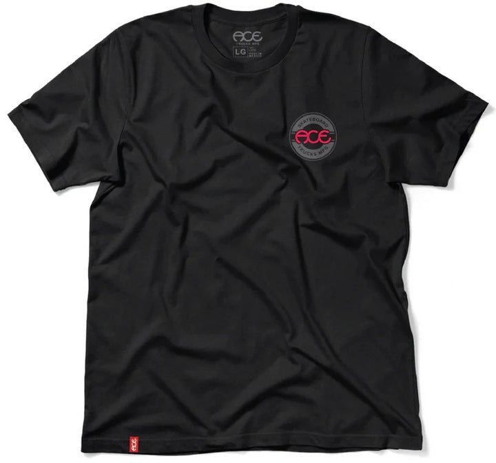 Ace Trucks OG Tee in Black with front red circle logo and large grey Ace logo on back, 100% cotton.