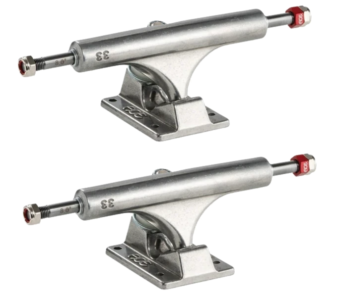 Ace 33 AF1 Trucks in polished finish, designed for decks 8.0"–8.25", offering strength, control, and smooth turning.