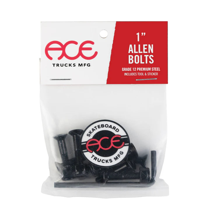 Ace 1" Allen bolts with hex tool and Ace sticker, made from durable Grade 12 steel for strong, long-lasting truck mounting.