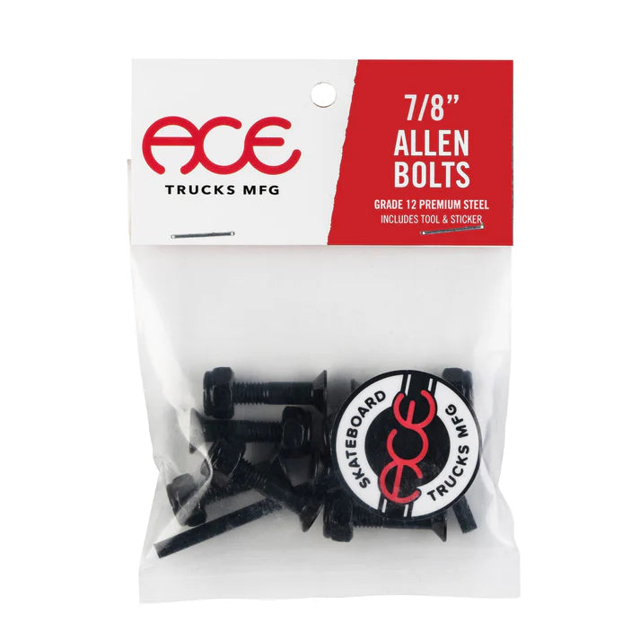 Ace Allen Hardware 7/8" skateboard bolts set with hex key for use with or without shock pads or risers.