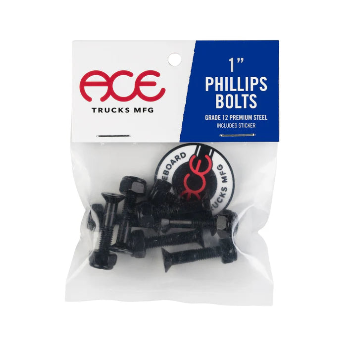 Ace 1" Phillips hardware set with 8 black bolts and nuts made from Grade 12 steel for secure, long-lasting skateboard truck mounting.
