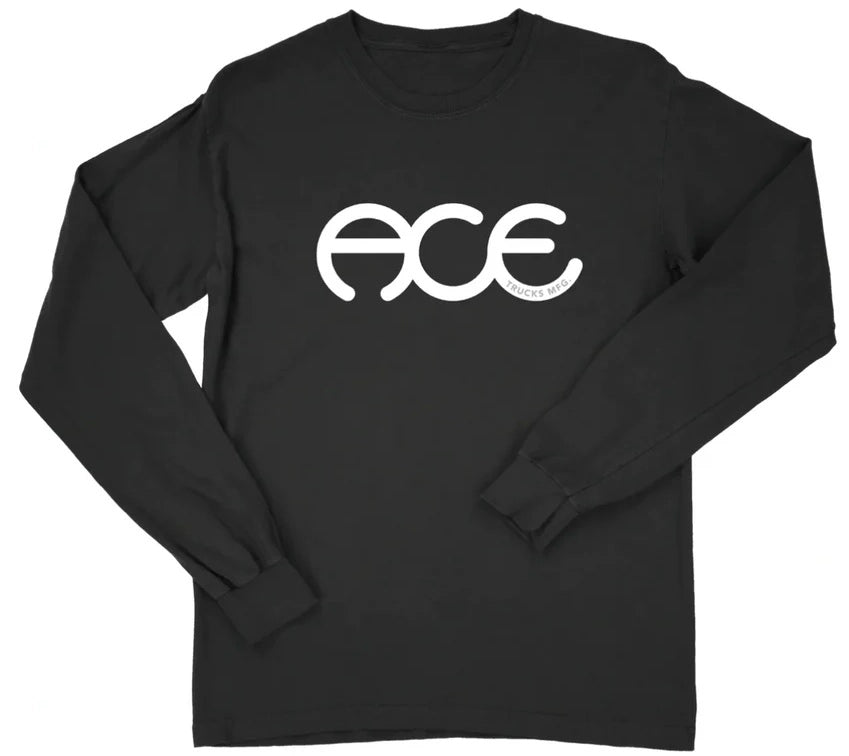 Ace Trucks Rings Long Sleeve Tee in Black with white Ace Trucks MFG logo, 100% cotton, standard fit skate shirt.