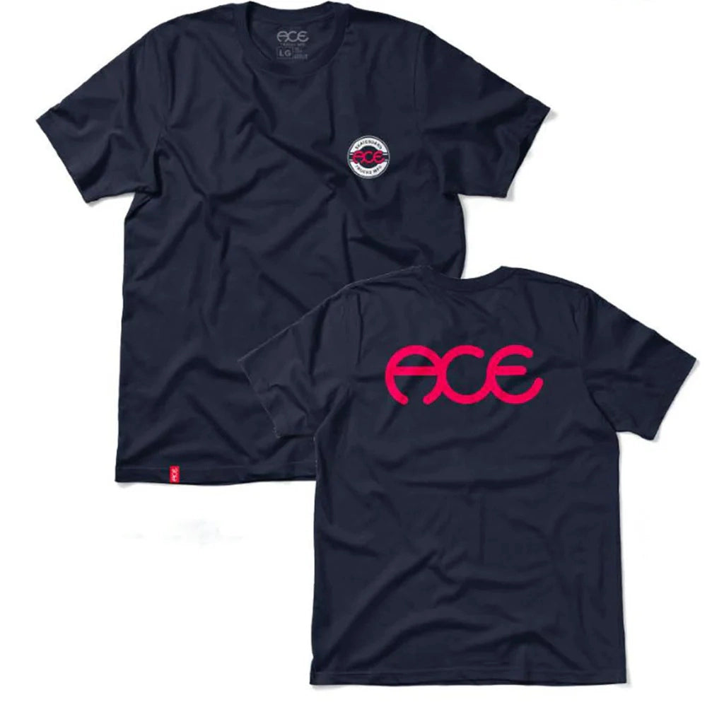 Ace Trucks OG Tee in Navy with small front red logo and large red Ace logo on back, 100% cotton.