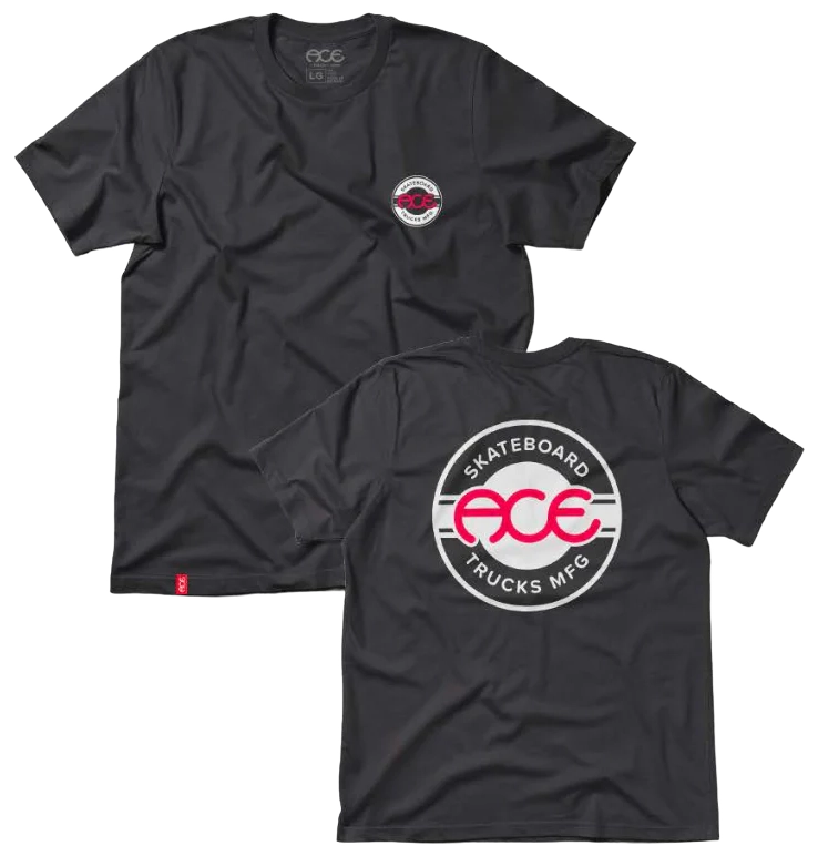 Ace Trucks Rings Tee in Dark Grey with red and white ring logo front and back, 100% cotton skate shirt.