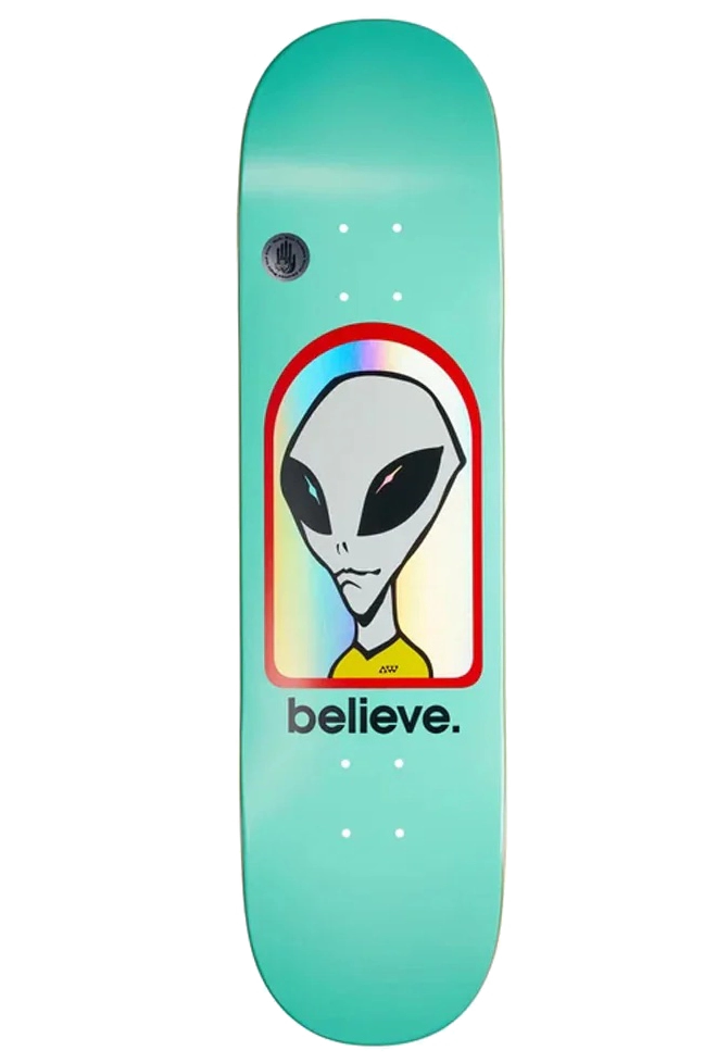 Alien Workshop Believe Hologram Teal Deck 8.25 with alien graphic and teal background