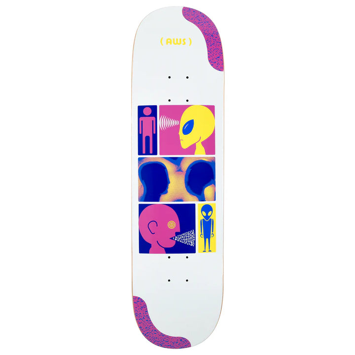 Alien Workshop Communique Deck 8.5" white deck with colorful alien communication pop-art graphic, 7-ply maple.
