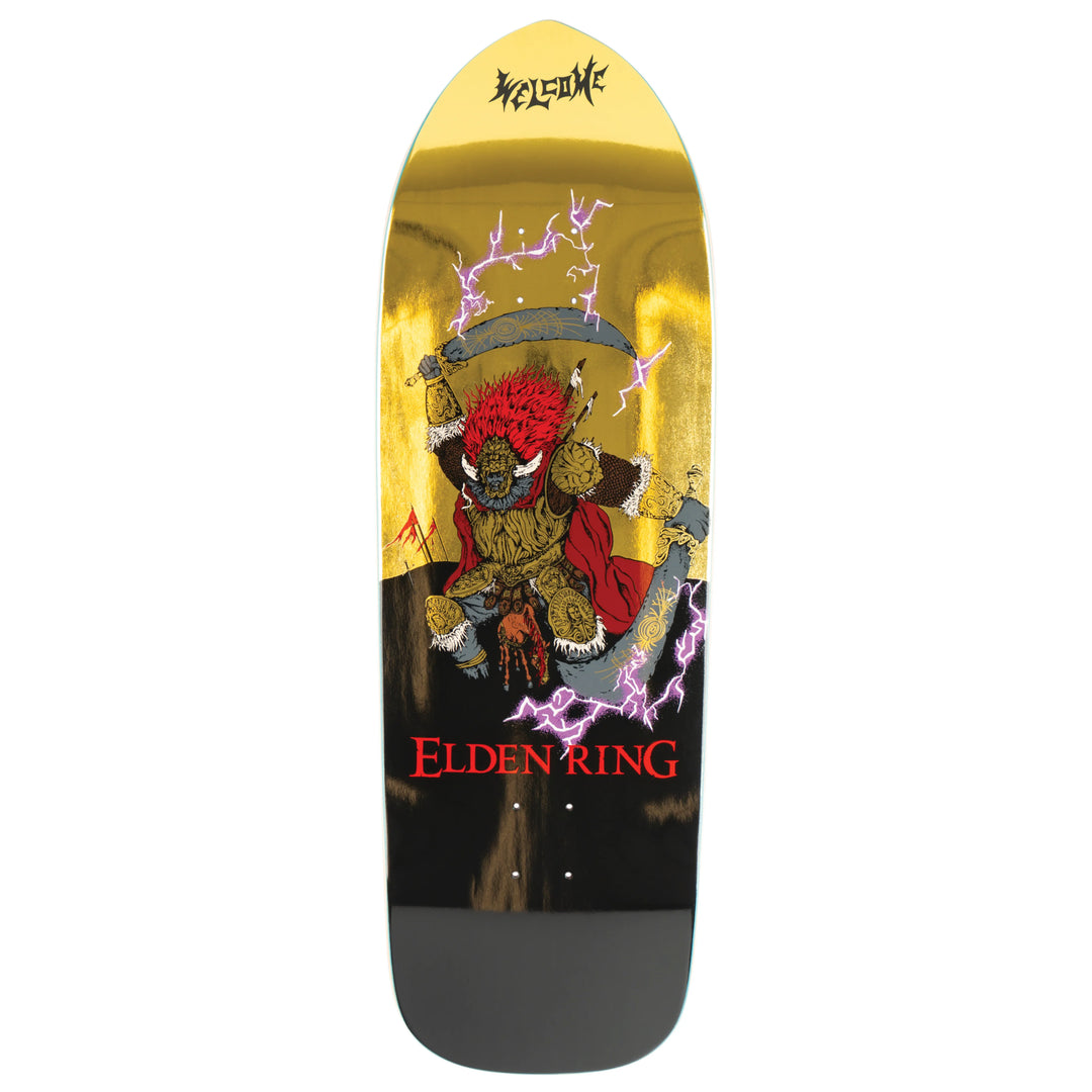 Welcome x Elden Ring Radahn Deck 10.5 with gold foil, Radahn artwork, purple veneer top, and oversized rune logo