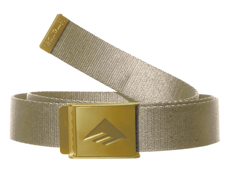 Emerica Icon Belt in khaki with metal buckle and tonal logo—durable, adjustable, and built for everyday skate wear.