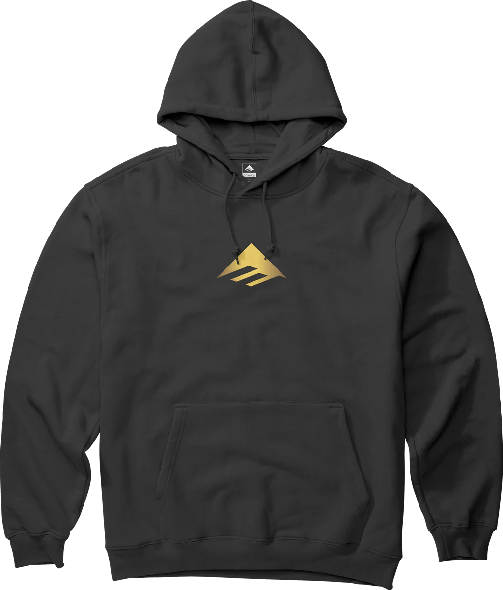 Emerica Triangle Hoodie in Black with gold triangle logo, heavyweight skate hoodie with clean, elevated style