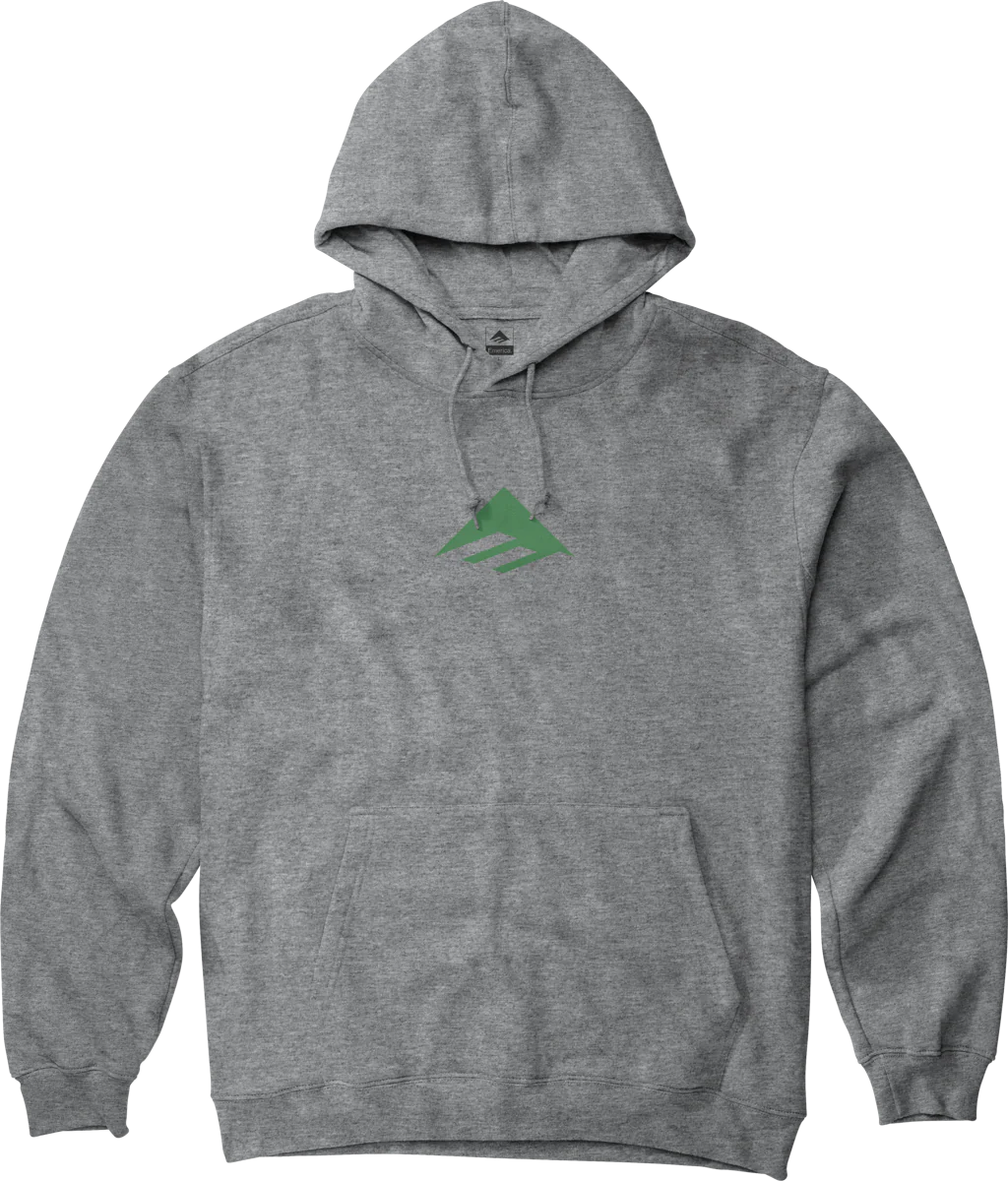 Emerica Triangle Hoodie in Heather Grey with green triangle logo, heavyweight fleece built for skate and chill.