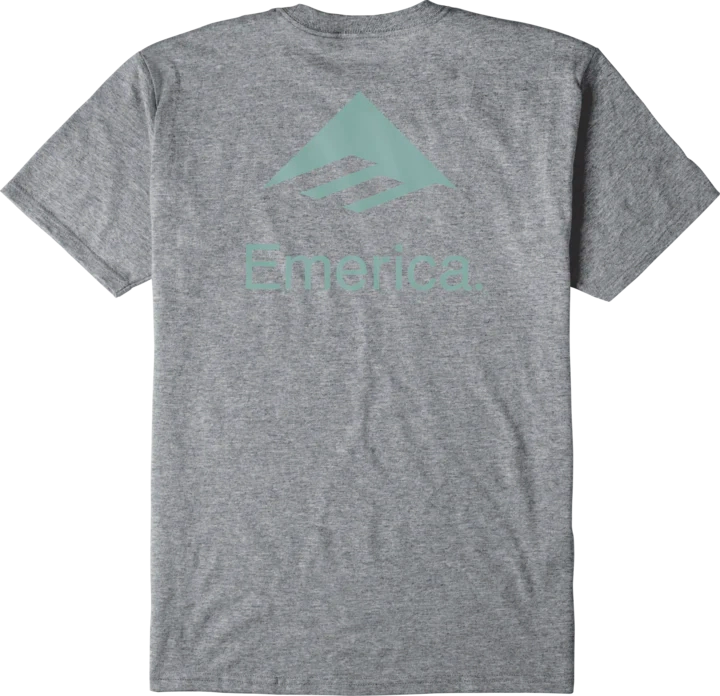 Emerica Lockup Tee in Grey Heather with mint green front logo and back graphic, soft cotton tee for skate-ready comfort