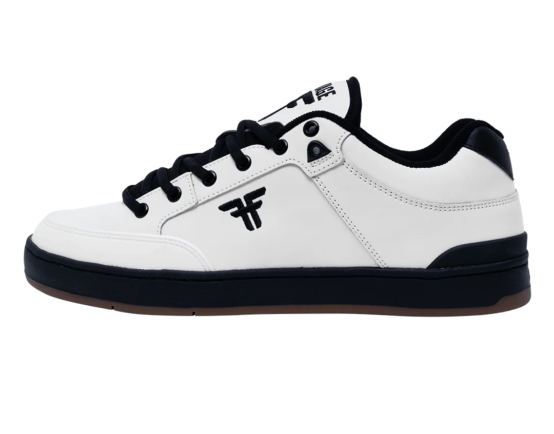 Side view of Fallen Heritage II skate shoe in White and Black with abrasion-resistant toe panel