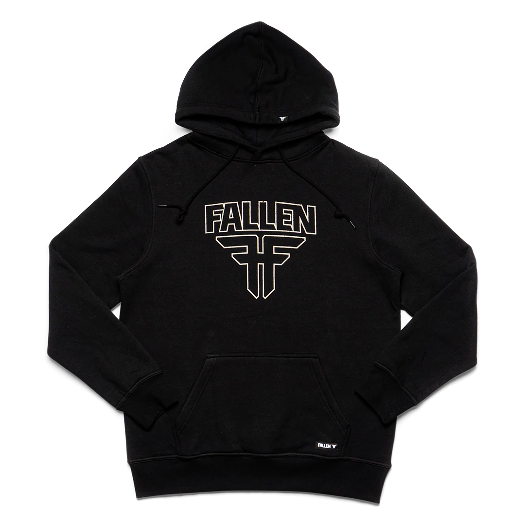 Black hoodie with 'FALLEN' text in white on the chest area, featuring a hood and a pouch pocket.