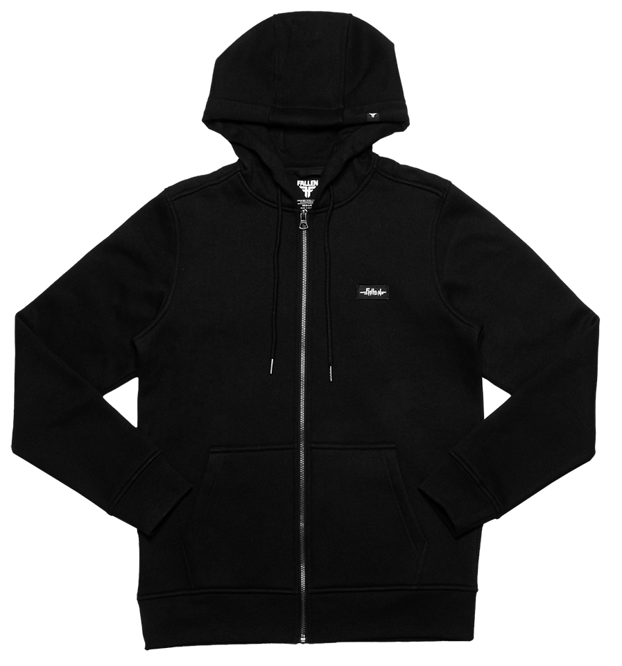Fallen Tradition Zip Hoodie in Black with front logo detail.