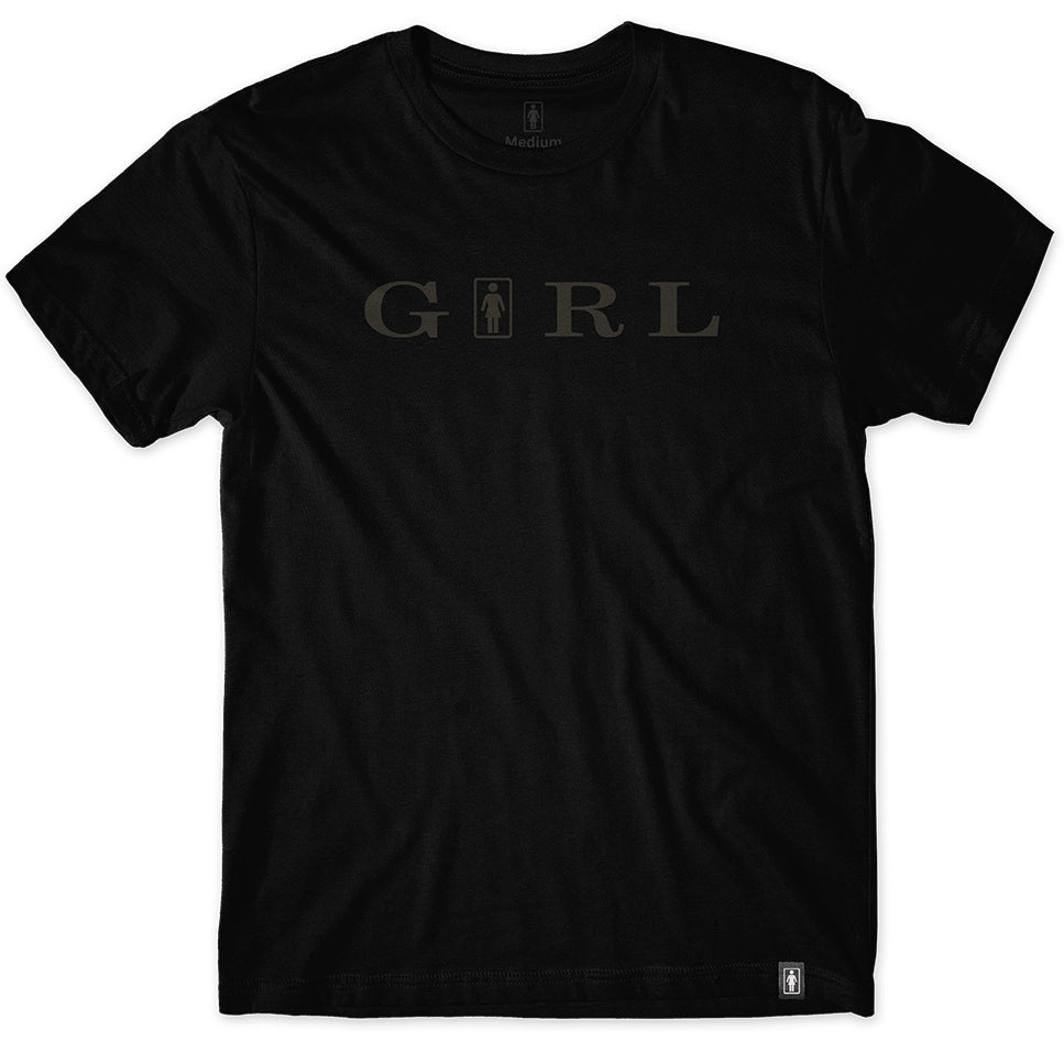 Girl Serif Full Tee in black with bold serif-style Girl logo across chest and relaxed fit for everyday skate comfort.