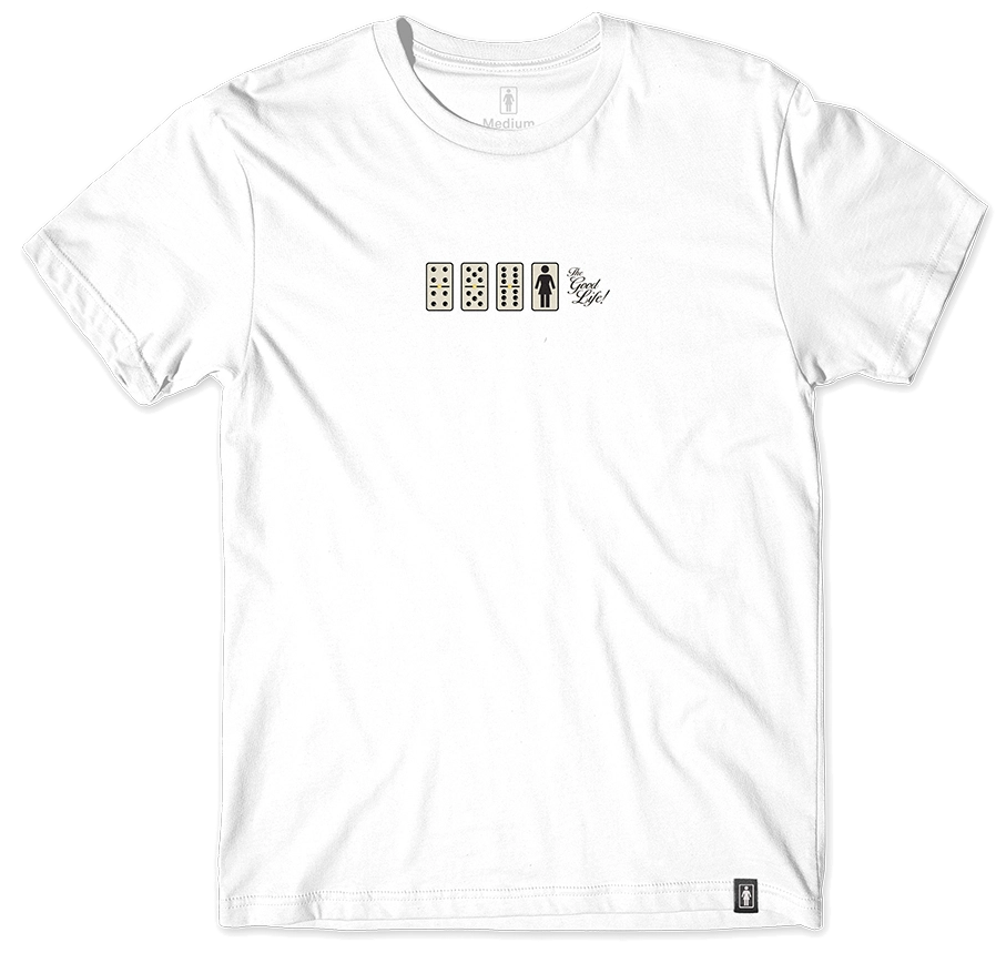 Girl x Goodlife Tee in white with colorful domino-style Girl logo on chest and relaxed fit for skate and streetwear style.