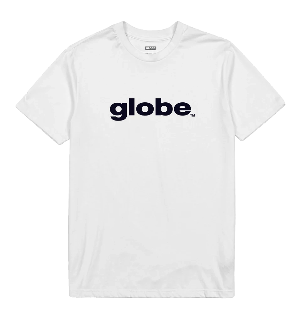 Globe O.G Tee in white with classic black Globe logo on chest, made from sustainable cotton blend with a regular fit.