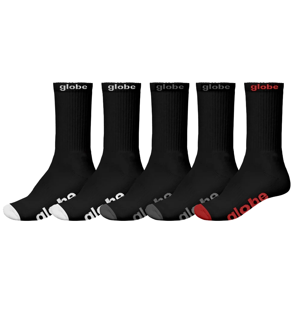 Globe OG Crew Socks 5 Pack in black with ribbed cuffs, cushioned footbed, and white Globe logo for classic comfort and skate style.