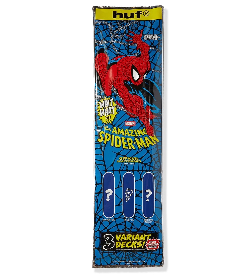 HUF x Spider-Man Blind Bag Deck packaging featuring The Amazing Spider-Man #300