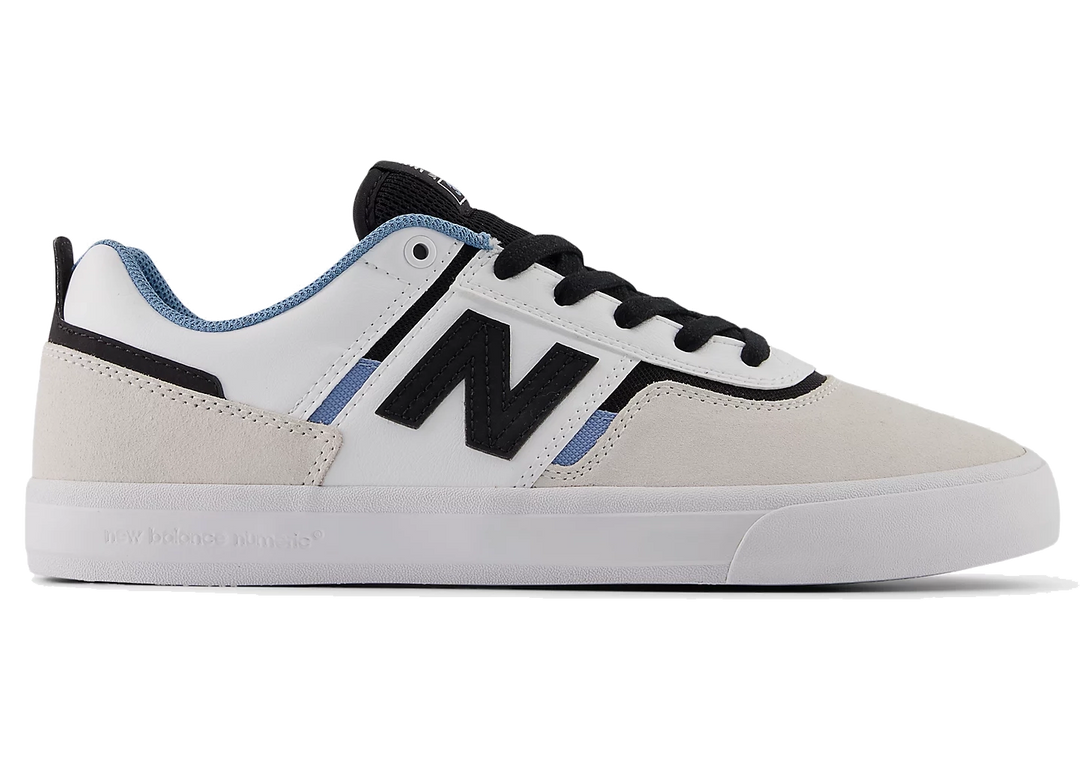 New Balance Numeric Jamie Foy 306 skate shoe in grey, white, and black with blue accents