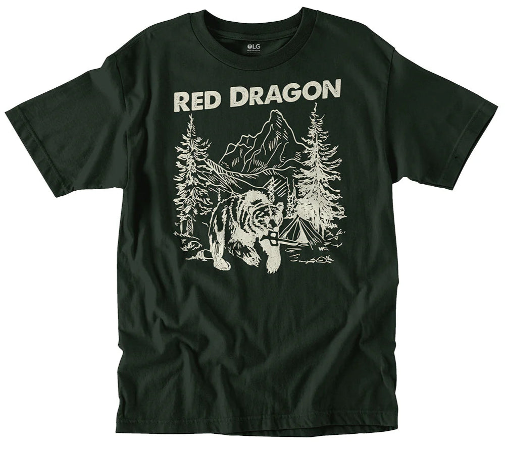 RDS Heist Tee in Forest Green with bear camping scene graphic and Red Dragon branding on soft cotton tee