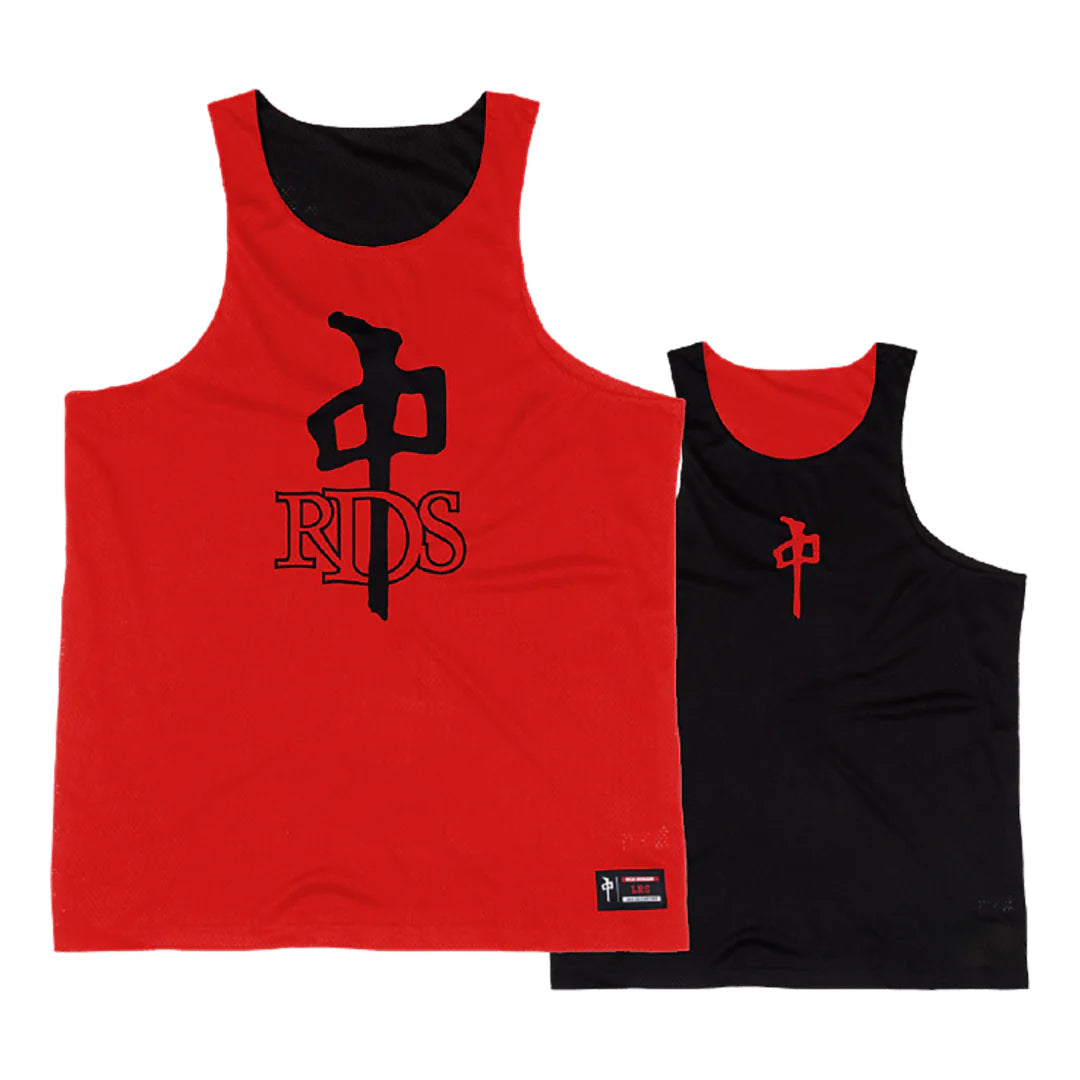 RDS OG Mesh Reversible Tank in red/black with breathable mesh and bold logo—ideal for skate sessions and warm weather.