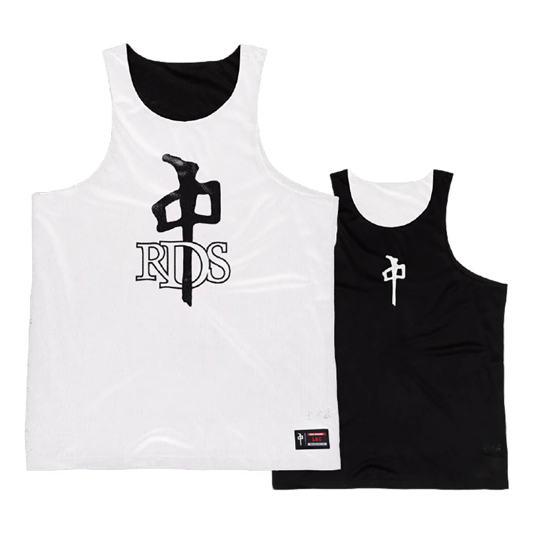 RDS OG Mesh Reversible Tank in white/black with breathable fit and bold logo—perfect for skating and warm-weather sessions.