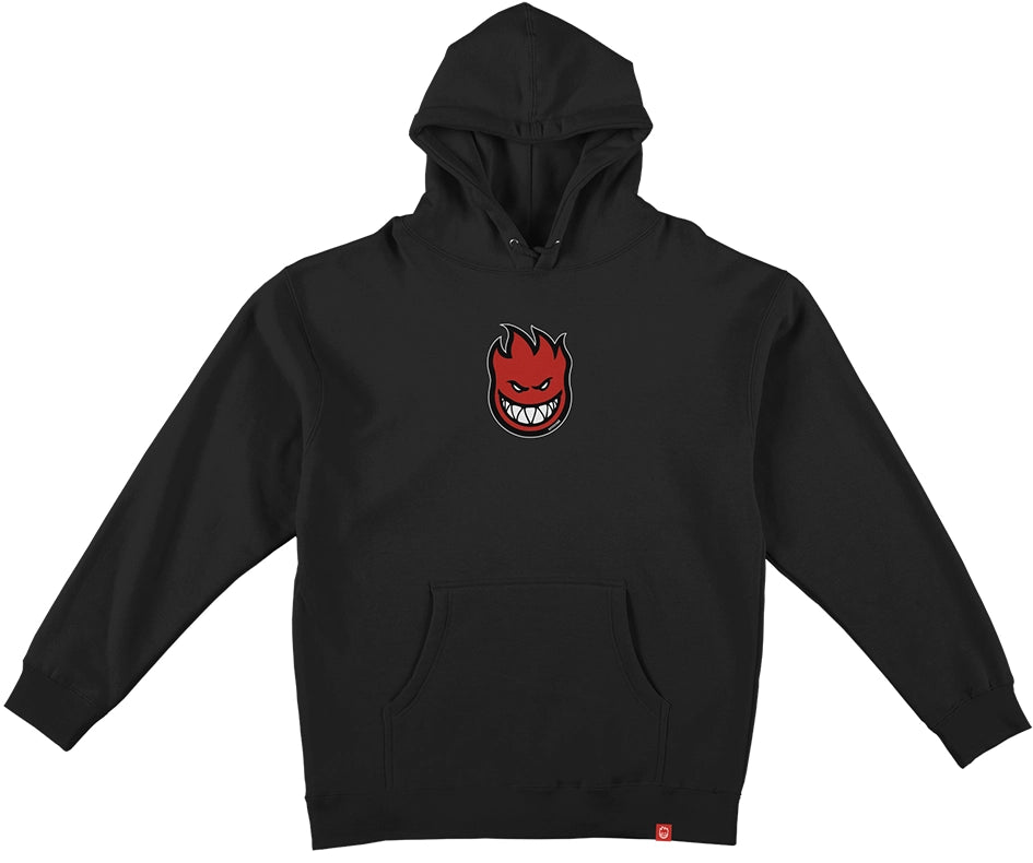 Spitfire Bighead Mid Fill Hoodie in black with red flame logo, kangaroo pocket, and relaxed skate fit.