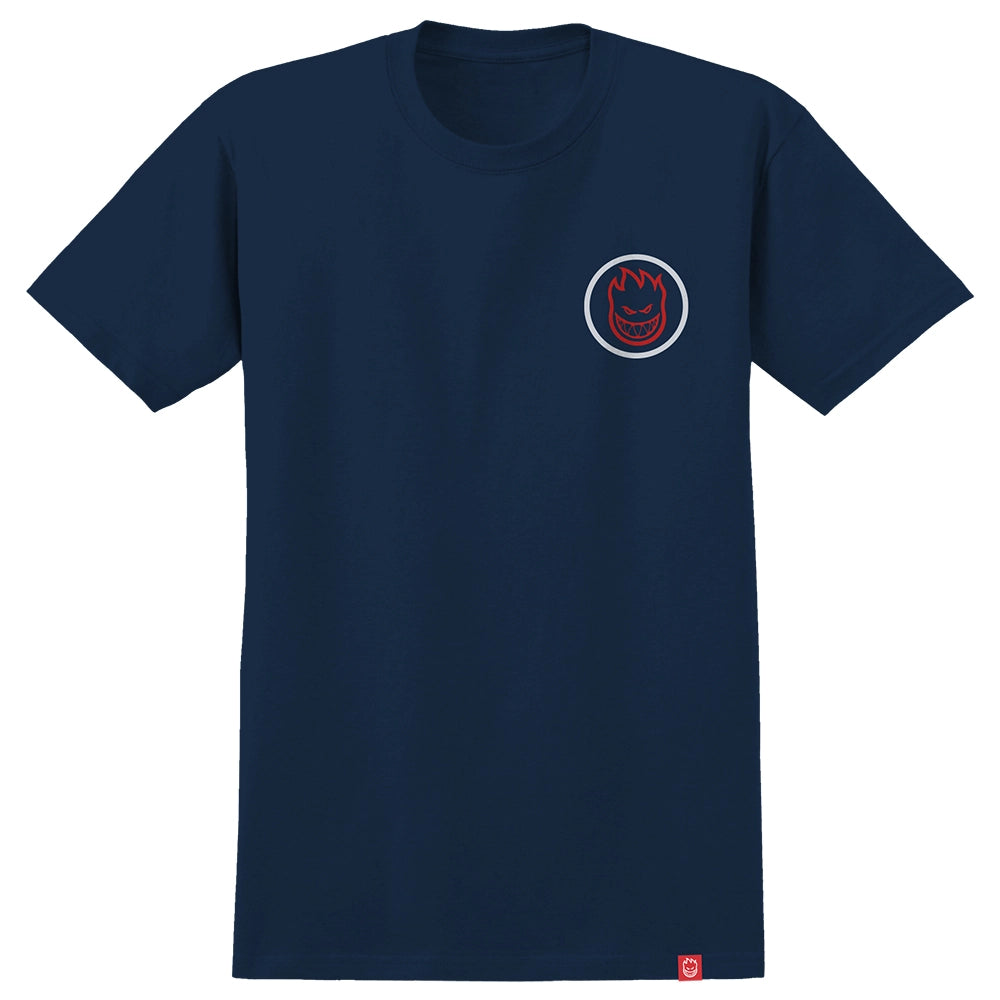 Spitfire Classic Swirl Overlay Tee in navy with bold swirl logo graphic on back and small front hit, relaxed skate fit.