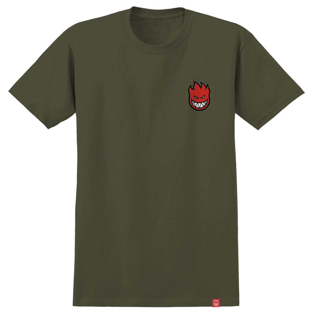 Spitfire Lil Bighead Fill Tee in military green with small flame logo on chest and relaxed cotton fit for skate style.