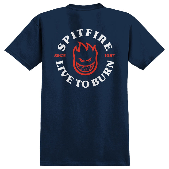 Spitfire Live to Burn Classic Tee in navy with flame graphic on back, small chest hit, and relaxed skate fit.