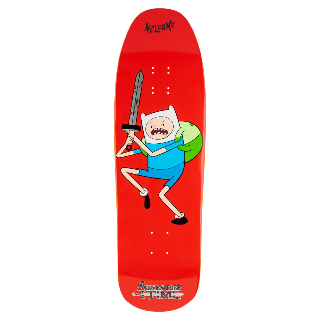 Welcome x Adventure Time Finn graphic on 9.6 Gaia deck with red background, silver foil accents, and custom shape.