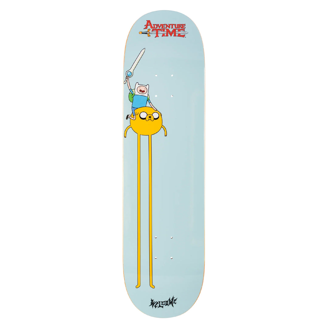 Welcome x Adventure Time Heroes 8.5" popsicle deck featuring Finn and Jake graphic on light blue background.