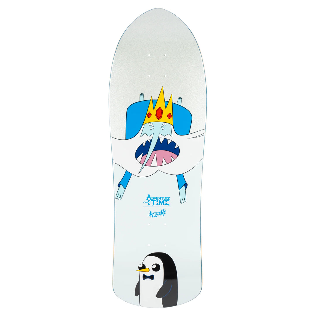 Welcome x Adventure Time Ice King graphic on 10" Crossbone deck with full glitter treatment and white/blue colorway.