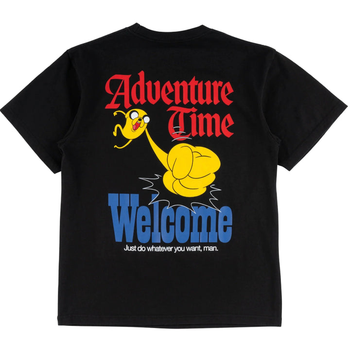 Welcome x Adventure Time Peppermint Butler Tee in black with bold front graphic and collab logo screen print on soft cotton.