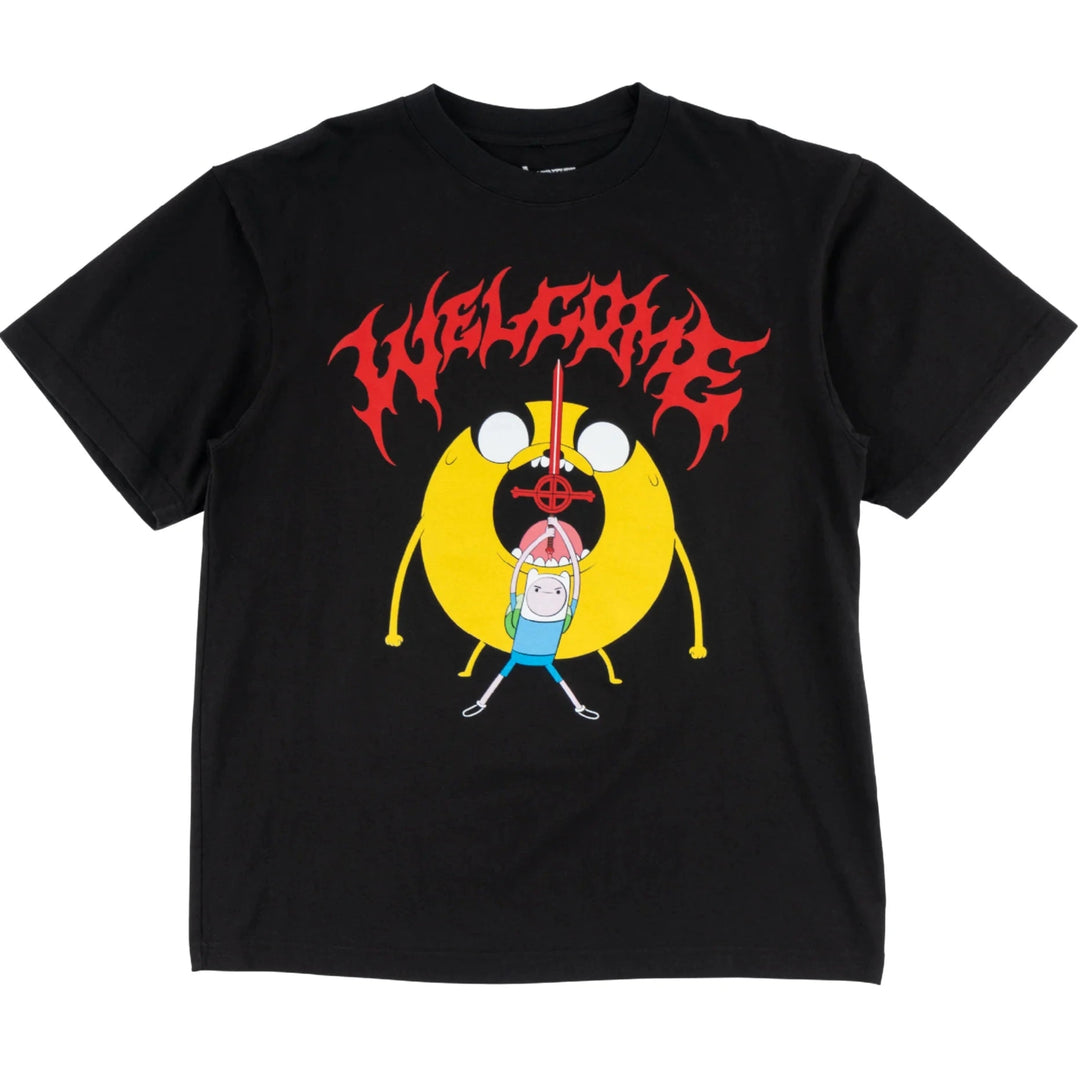 Welcome x Adventure Time Reality Tee in black featuring Finn graphic with bold front and back prints on soft cotton.