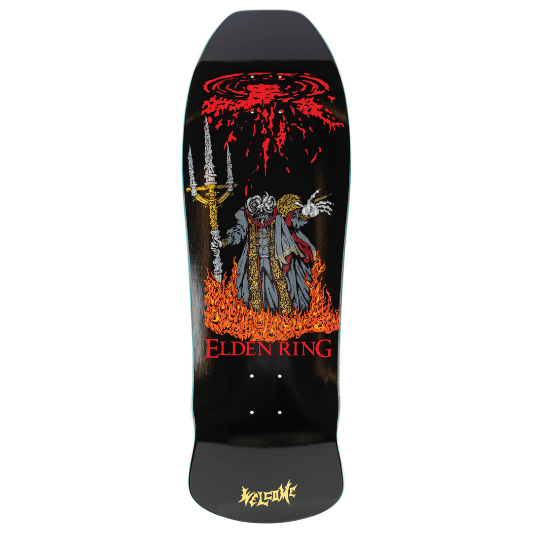 Welcome x Elden Ring Mohg Deck 10.0 with red veneer, gold foil Mohg art, rune logo, and Alexander graphic on Early Grab shape