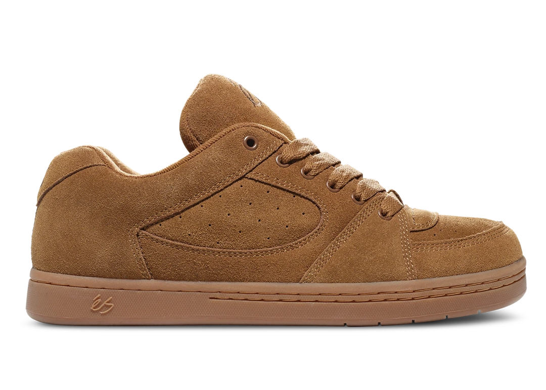éS Accel OG skate shoes in brown with suede upper, classic cupsole, and padded design for all-day comfort and control.