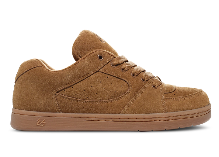 éS Accel OG skate shoes in brown with suede upper, classic cupsole, and padded design for all-day comfort and control.