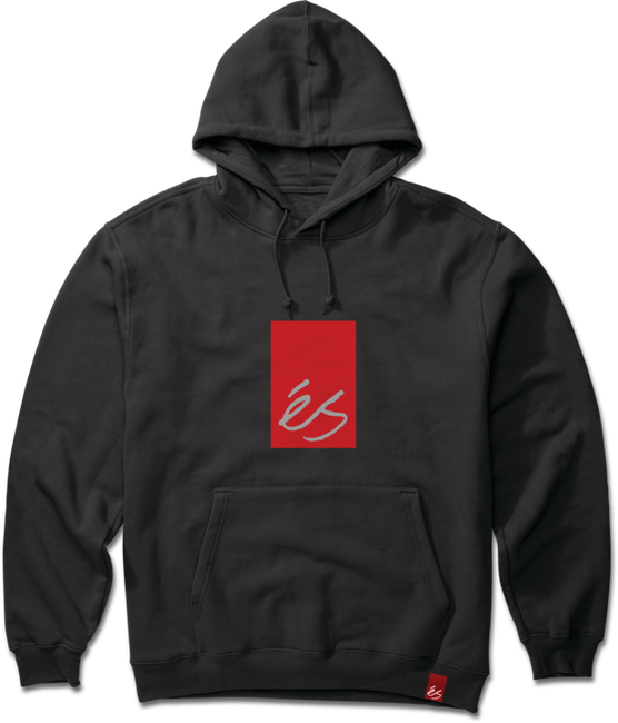 éS Main Block Hoodie in Black with bold red logo block, skate-ready fleece with classic style and comfort