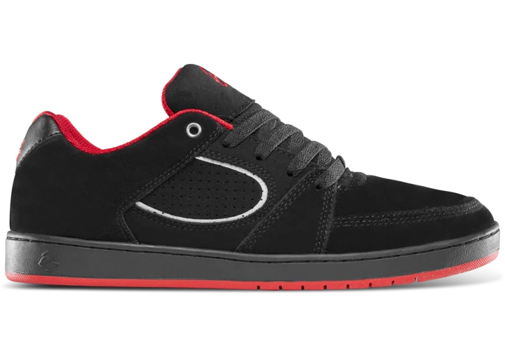 éS Accel Slim skate shoes in black and silver colorway, featuring durable suede upper, reinforced stitching, and classic cupsole design for impact protection and boardfeel.