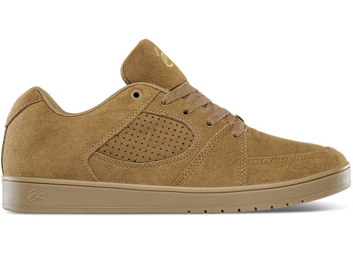 éS Accel Slim skate shoes in brown with gum sole, suede upper, and cupsole construction for skate performance.
