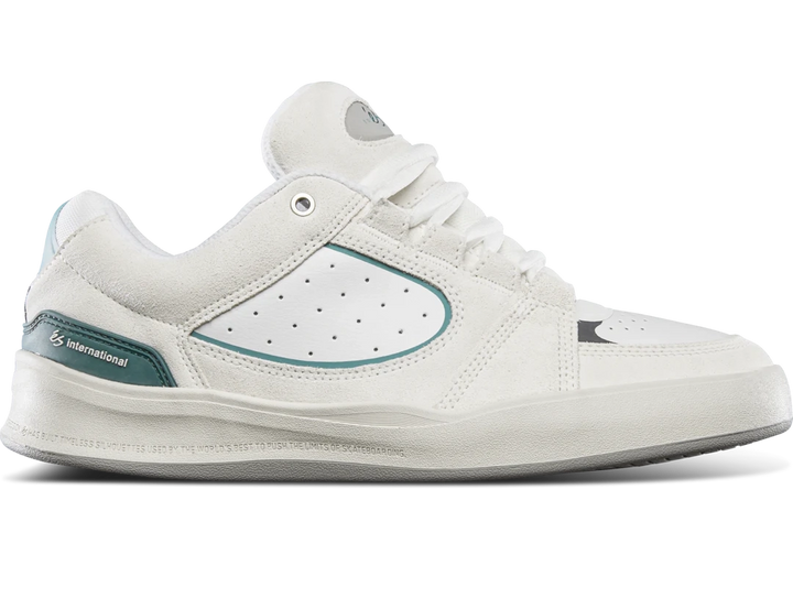 éS Accel Fit Shoe in light grey with suede upper, molded heel clip, and cupsole construction for comfort, control, and skate-ready support.