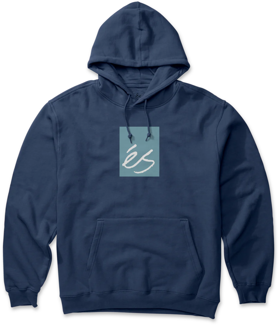 éS Main Block Hoodie in Navy Blue with light teal block logo, heavyweight fleece hoodie made for skateboarding comfort