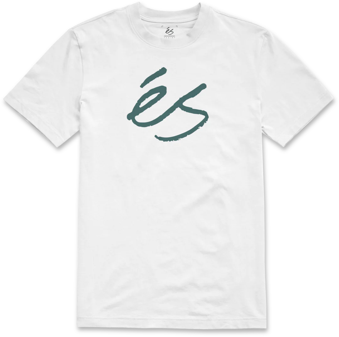 White t-shirt with green logo on a white background