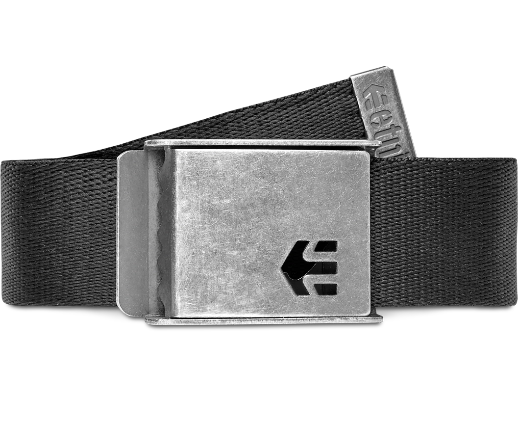 Etnies Arrow Belt in black with metal buckle and woven logo detailing—durable, adjustable, and made for everyday skate style.