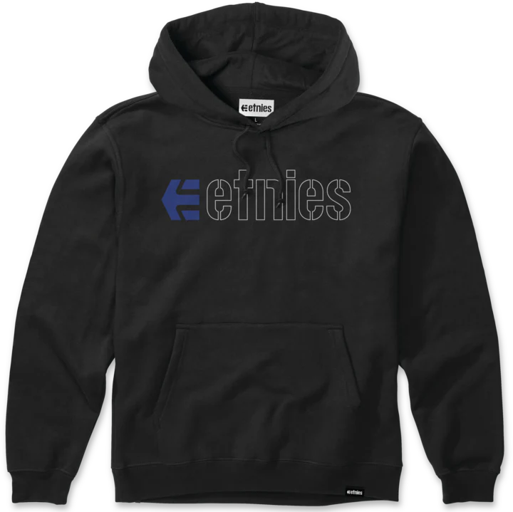 etnies eCorp Icon Hoodie in black with blue and white logo, fleece-lined with pouch pocket and ribbed cuffs for warmth and comfort.