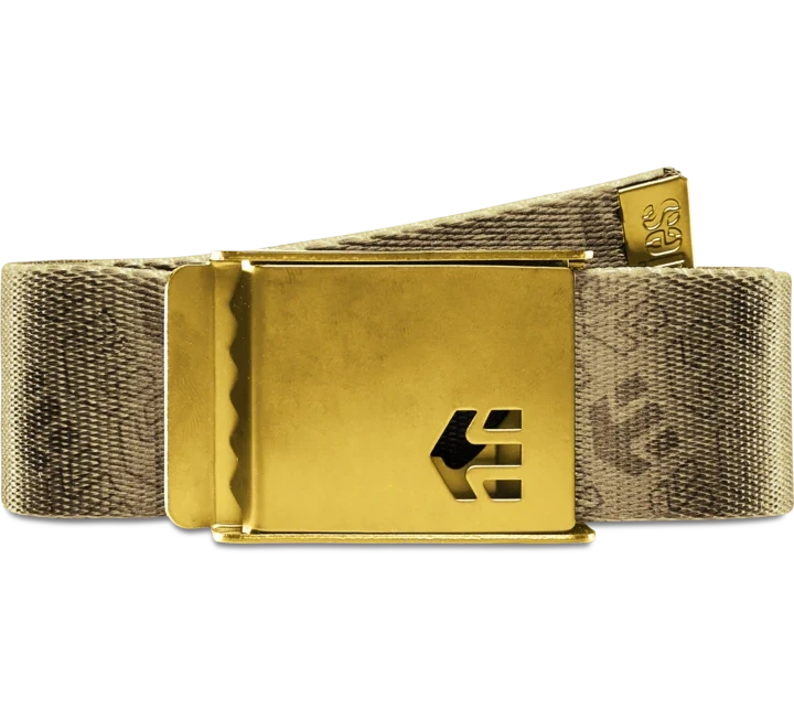 Etnies Icon Belt in khaki with adjustable strap and metal buckle—durable skate belt with clean tonal logo detail.